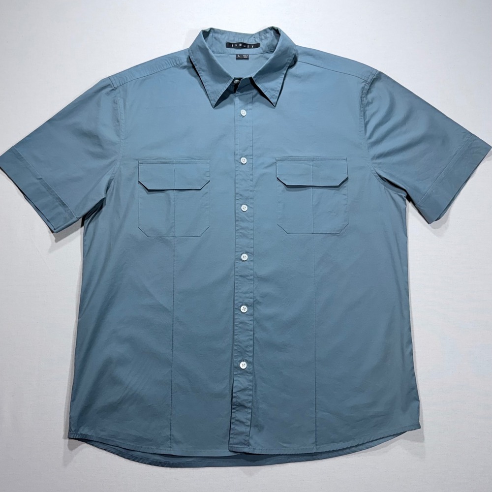 Theory Shirt Mens Large Blue Short Sleeve Button Down Utility Pockets Excellent